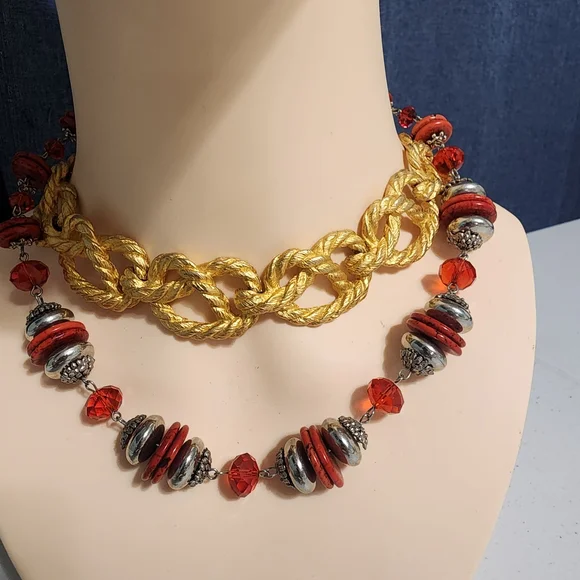 Bold Gold Chunky Knot Red Silver Tone Necklace Tiger Rhinestone Bracelets Huge - Picture 15 of 16